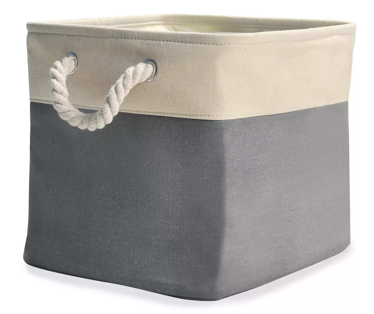 Gray & Cream Fabric Storage Bin With Rope Handles 3 Gray & Cream Fabric Storage Bin With Rope Handles