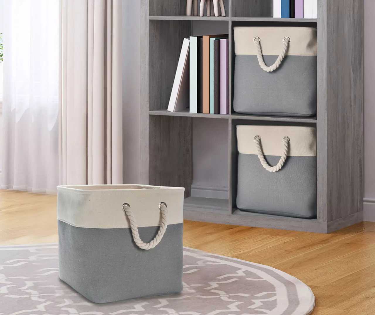 Gray & Cream Fabric Storage Bin With Rope Handles 4 Gray & Cream Fabric Storage Bin With Rope Handles - Image 2