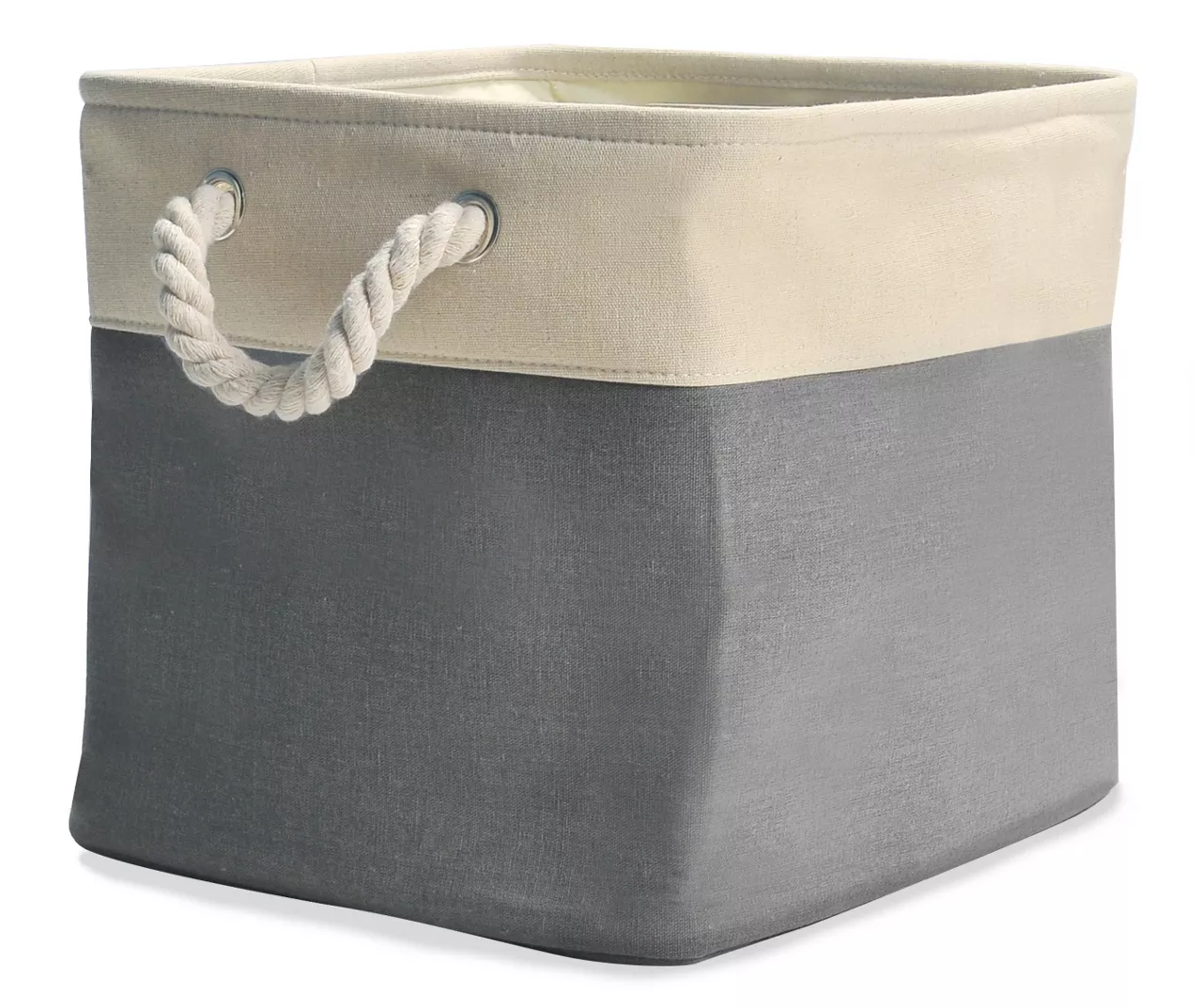 Gray & Cream Fabric Storage Bin With Rope Handles 6 Gray & Cream Fabric Storage Bin With Rope Handles - Image 4