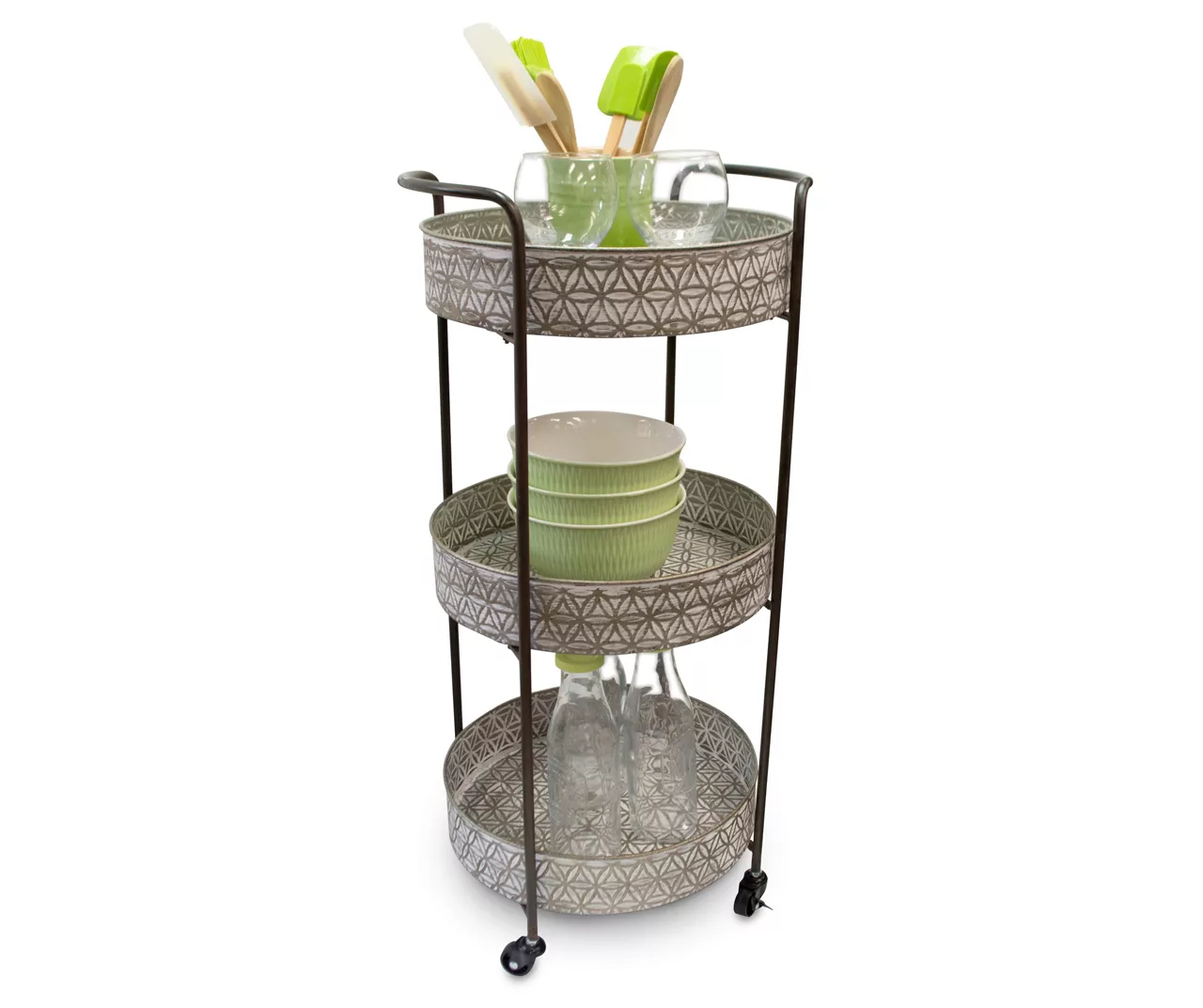 Whitewash Round Metal Tray 3-Tier Rolling Cart 4 Whitewash Round Metal Tray 3-Tier Rolling Cart - Image 2