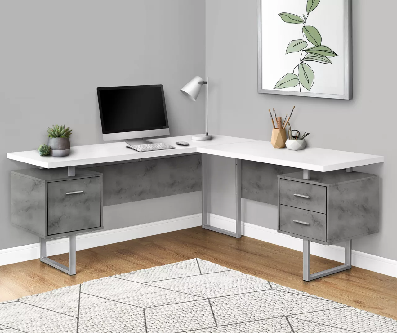 Faux Concrete & White 3-Drawer L-Shaped Corner Desk 4 Faux Concrete & White 3-Drawer L-Shaped Corner Desk - Image 2