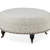 Pebble Gray Striped Upholstered Round Ottoman