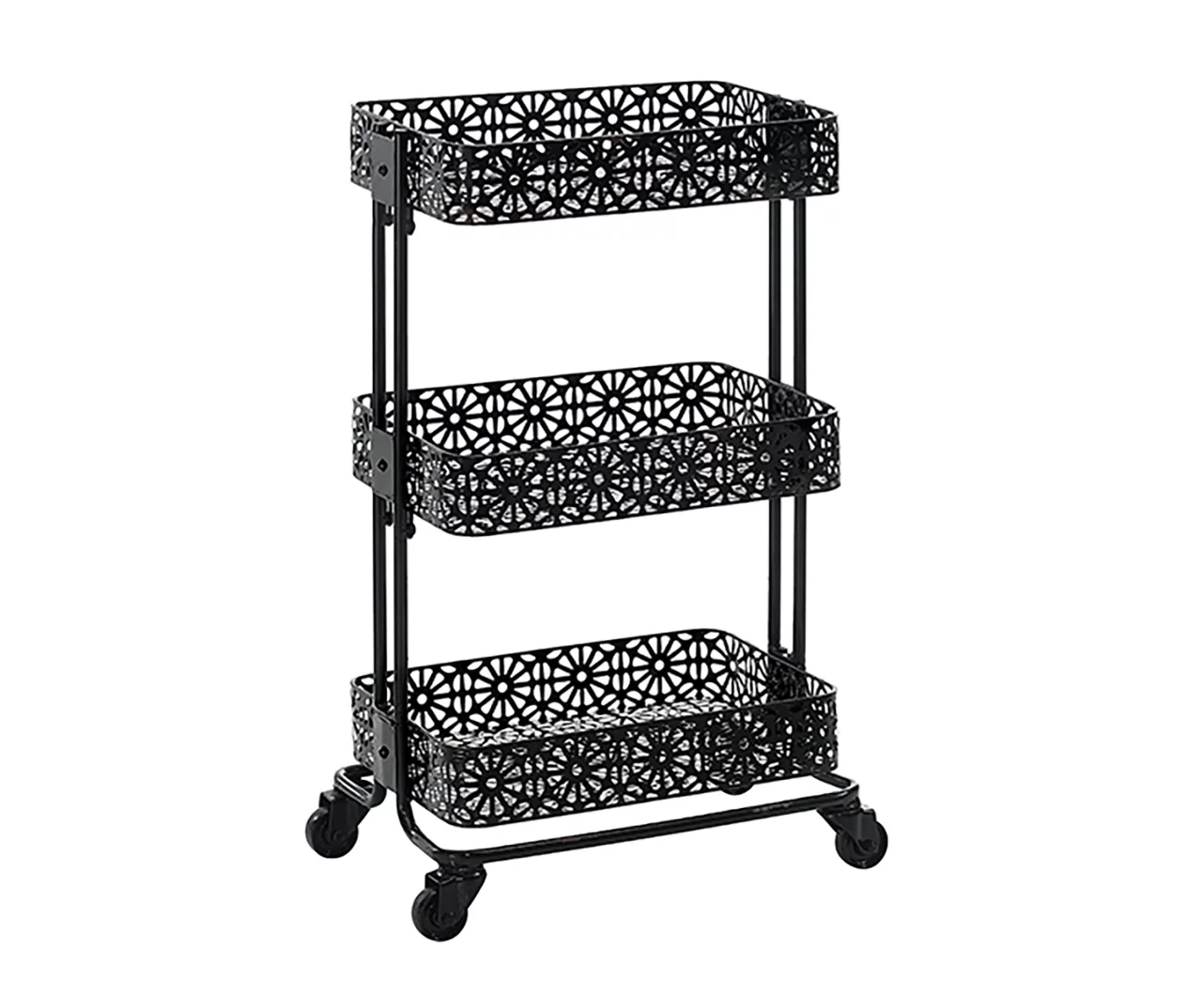 Mabry Black 3-Tier Pierced Floral Rolling Cart 3 Mabry Black 3-Tier Pierced Floral Rolling Cart