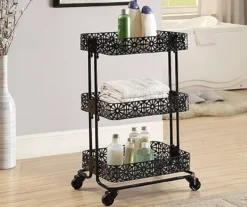 Mabry Black 3-Tier Pierced Floral Rolling Cart 11 Mabry Black 3-Tier Pierced Floral Rolling Cart -Furniture Series Sales 810543382 2